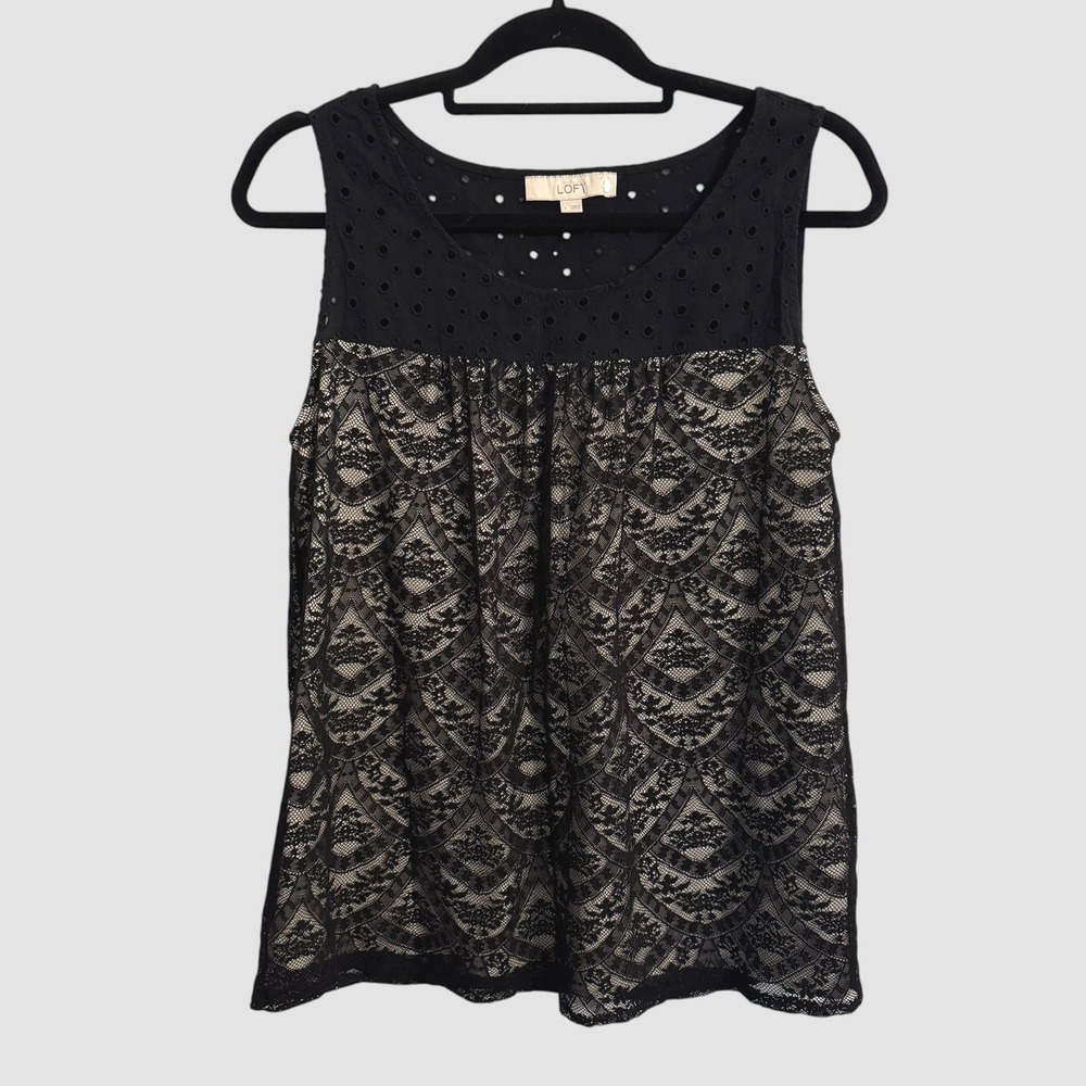 LOFT Black Eyelet Lace Overlay Sleeveless Top Tank L Corporate goth Whimsigoth